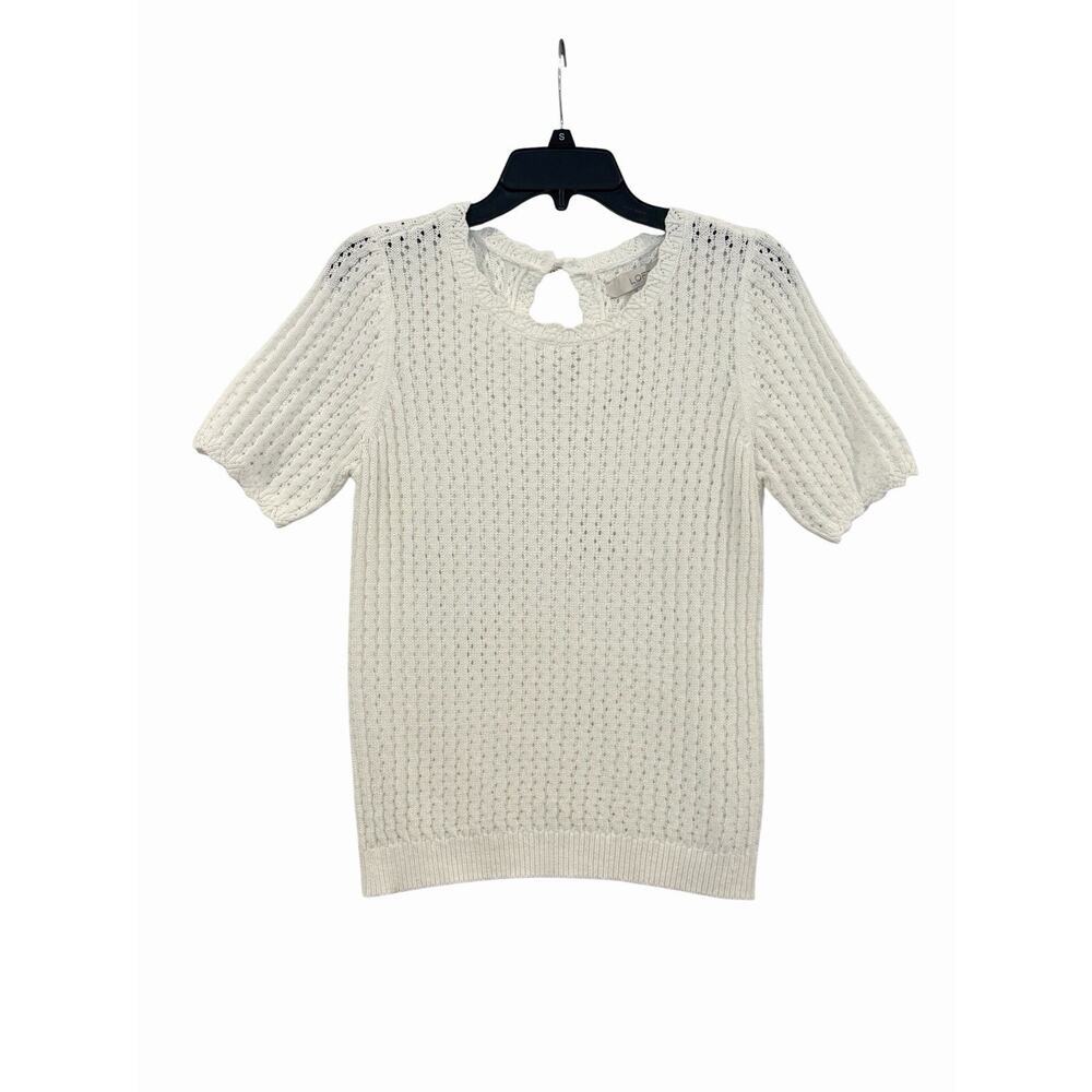 Ann Taylor Loft Open Knit White Short Sleeve Sweater Top: SZ Small Modest
